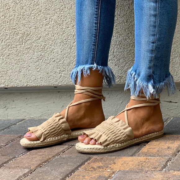 Cream Scrunch Vamp Lace Up Espadrille Sandals - Picture 7 of 8